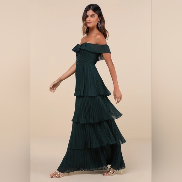 Lulus Always Remarkable Emerald Pleated Off-the-Shoulder Maxi Dress Wedding - Picture 3 of 8